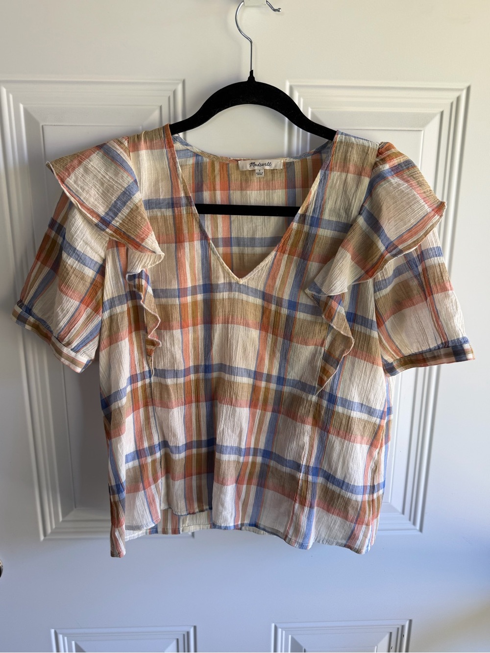 Madewell V-Neck Shoulder-Ruffle Top in Plaid Size Small